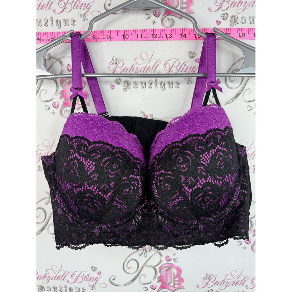 Deesse Lingerie bra ribbon Purple and Black Lace Longline Bra 40DD floral Lacie